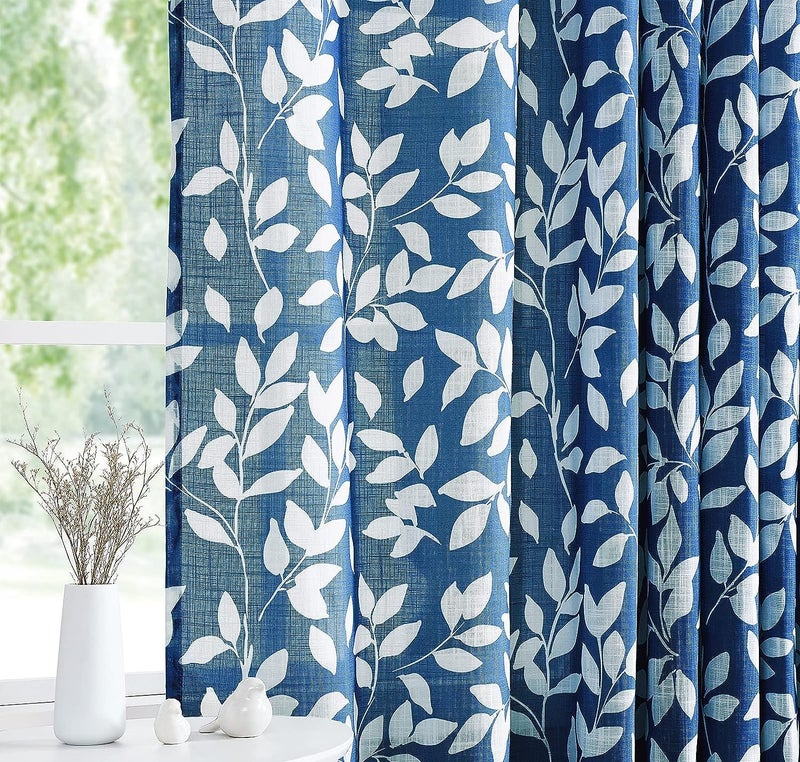 Treatmentex Navy and White Curtains for Bedroom 63" Length Leaf Print Curtains for Windows Semi-Sheers, Royal Blue Grommet Top, 2 Pack - Image 2